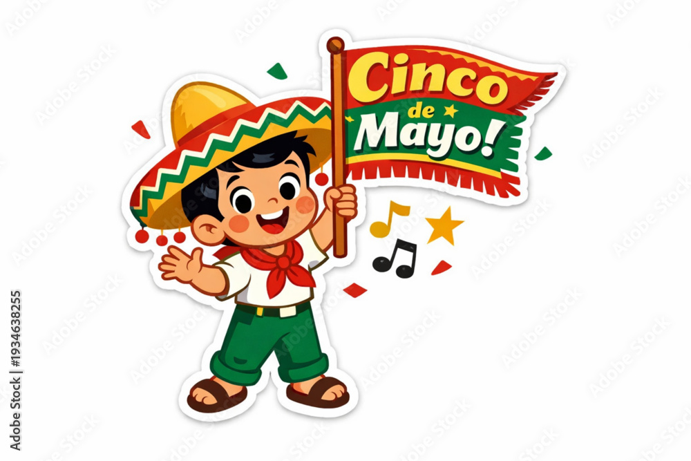 Naklejka premium Retro 1950s Style Cinco de Mayo Sticker Illustration of a Happy Boy with Sombrero and Festive Banner