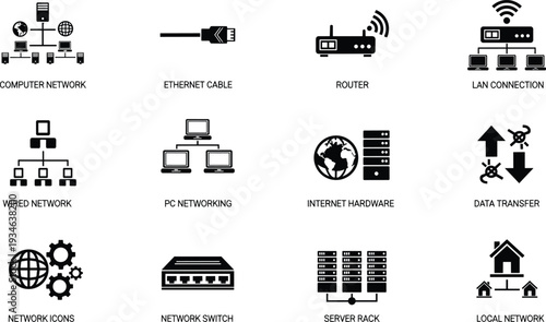 Computer network icon set featuring ethernet cable router lan connection wired network server rack switch data transfer and internet hardware symbols