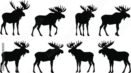 Moose silhouettes collection, forest wildlife vector, large antler animal icons, nature outline set, woodland mammal design, black silhouette art illustration