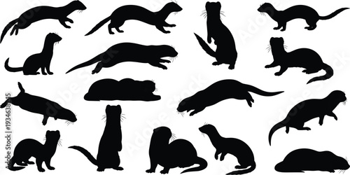Otter silhouettes, wildlife vector, aquatic animal, nature illustration, playful posture, swimming otter, standing figure, sitting otter, mammal outline, zoology artwork