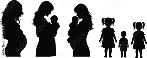 Motherhood silhouette stages, pregnancy woman, holding baby, child development, family life concept, parent child bond, growth journey, black figures, illustration design, vector art