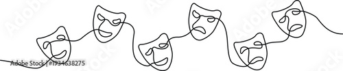 A series of five interconnected theatrical masks displaying various emotions. Vector