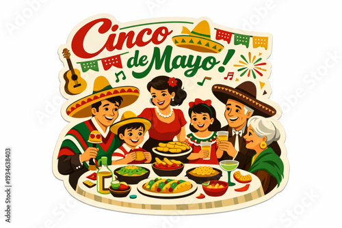 Retro 1950s Style Cinco de Mayo Sticker Illustration of a Large Happy Family Sharing a Festive Mexican Dinner