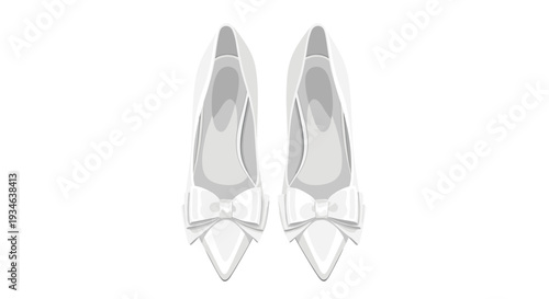 A pair of elegant white high-heeled shoes with pointed toes and decorative bows are neatly arranged on a clean white background.