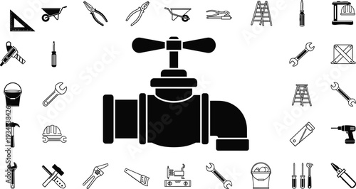 Plumbing tools and construction equipment icons, faucet valve center, handyman gear, repair instruments, maintenance symbols, black and white illustration