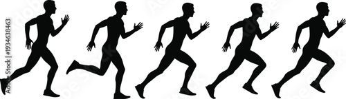 Running man silhouette sequence, human sprint motion stages, athlete speed action poses, fitness training movement concept isolated white background