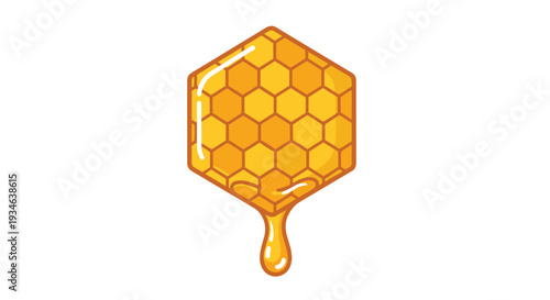 A golden hexagonal honeycomb, filled with amber liquid, has a single drop of honey slowly dripping from its bottom edge.