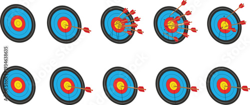 Archery Target Progression Set Showing Success and Failure with Multiple Arrows Hitting Bullseye and Missing the Center on White Background 
