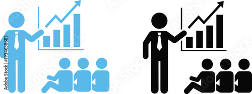 Business presentation icons featuring professional speaker showing growth chart to audience in blue and black colors isolated on white background,