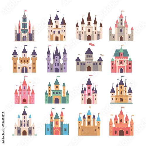 Colorful cartoon vector castle with towers and flags in a medieval fantasy village