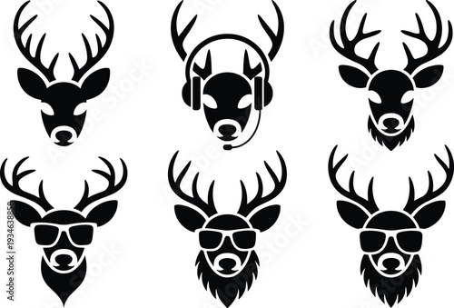 Black deer head silhouette icon set featuring antlers with sunglasses and headset accessories isolated on white background, wildlife vector illustration.