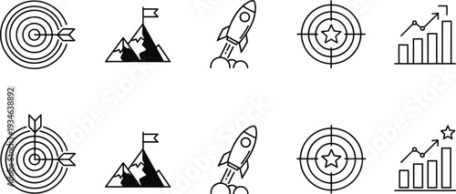 Collection of bullseye target icons with arrows, red 3D targets, mountain achievement peaks, chess strategy, rocket launch, success goals, business marketing.