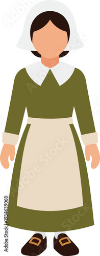 Flat vector illustration of traditional Pilgrim woman in colonial dress with bonnet and apron for Thanksgiving designs
