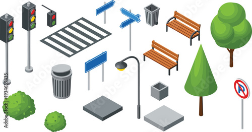 Isometric city street elements set featuring traffic lights crosswalk benches trees street lamps trash cans and road signs for urban planning