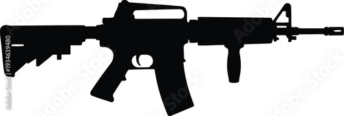Black silhouette of assault rifle isolated on white background for military and tactical design