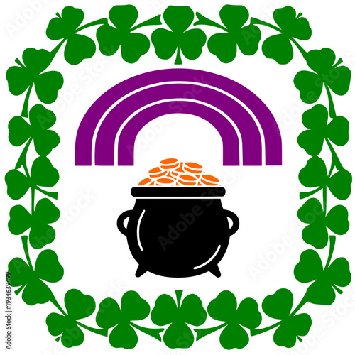 Pot of gold under rainbow surrounded by shamrocks - St. Patrick's Day symbols 