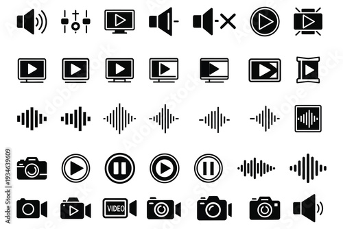 Collection of black and white media control icons for playback and recording