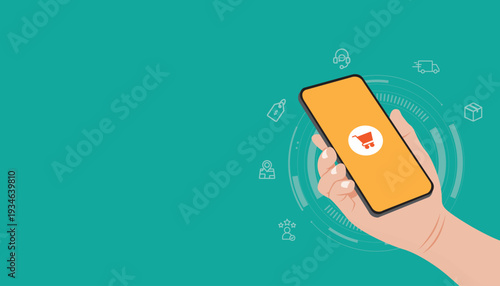 Modern mobile shopping concept with smartphone in hand, online store interface, digital marketplace icons, ecommerce app, delivery service and customer support technology illustration.