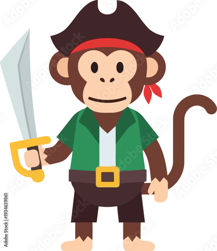 Cute Cartoon Pirate Monkey with Sword and Bandana for Kids Party and Adventure Themes