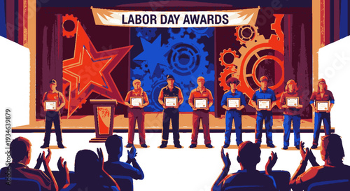 People on stage receiving labor day awards from a podium with a star and gear backdrop