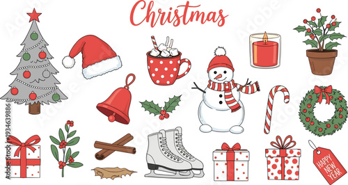 Christmas holiday elements vector set, festive winter decorations collection with tree gifts snowman isolated on white background illustration
