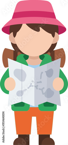 Cartoon female hiker with map, outdoor adventure illustration, vector flat style for travel and exploration concepts