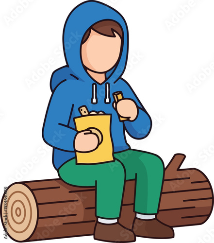 Cartoon boy in blue hoodie eating snacks while sitting on log outdoors, casual vector illustration