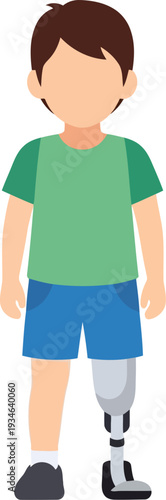Vector illustration of young boy with prosthetic leg wearing casual clothes, disability inclusion concept