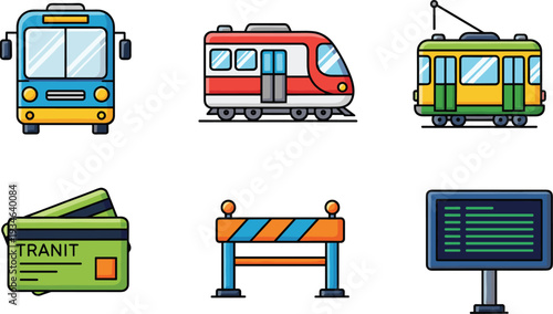 Public transportation icon set featuring city bus passenger train electric tram transit pass card road barrier and digital schedule arrival board