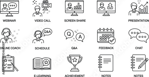 Online coaching icon set featuring webinar video call screen share presentation schedule feedback chat notes and achievement symbols for virtual business