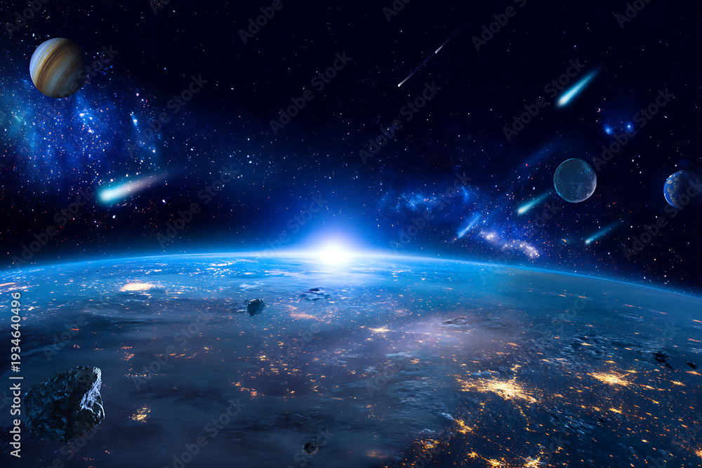 Obraz premium Stunning View of Earth from Space with Planets and Stars.