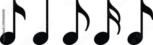 Collection of black music note icons isolated on white background, musical notation symbols for song melody and sound vector illustration.