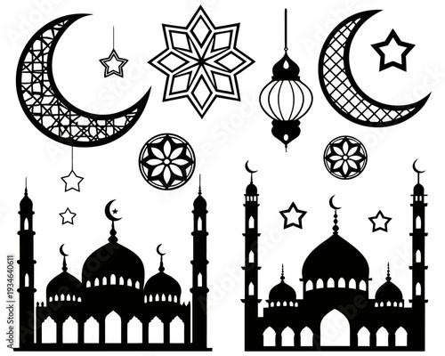 Intricate islamic architectural and celestial design elements in black and white