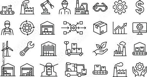 Manufacturing icons, industrial symbols, logistics graphics, supply chain tools, factory elements, automation visuals, warehouse items, sustainability signs, production assets, engineering design