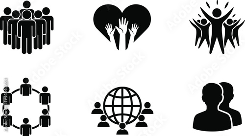 Community teamwork icons vector set, people group silhouettes with heart globe unity isolated on white background illustration