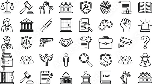 Law justice legal line icons set, court police crime security rights investigation lawyer judiciary symbols collection