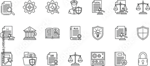 Law justice legal protection compliance line icons set court police regulation contract security balance outline vector illustration
