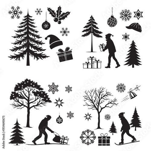 Whimsical black and white winter holiday scene illustrations with festive elements and silhouettes