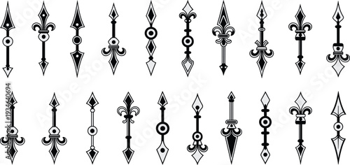 Collection of vintage black and white clock hands, decorative fleur de lis pointers, and antique watch needles isolated on white, vector.