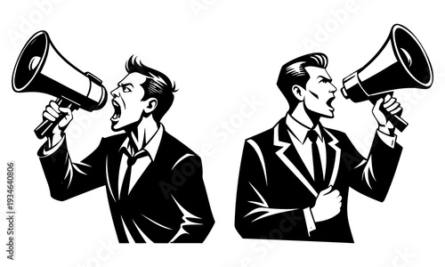 Two businessmen shouting into megaphones with strong determination and enthusiasm