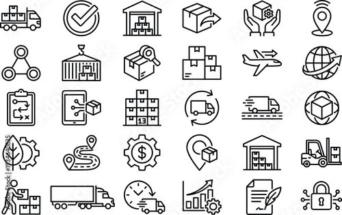 Logistics icons, supply chain symbols, warehouse tools, delivery truck, shipping container, inventory, packaging, tracking, freight, route, security, transport