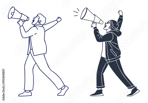 Two individuals using megaphones to amplify their voices outdoors