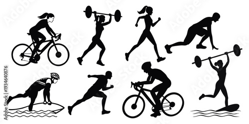 A diverse collection of athletes engaging in various forms of physical exercise and sports