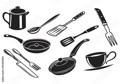 Assorted kitchen utensils and cookware set displayed in black and white
