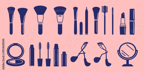 Collection of beauty and makeup icons displayed on a pastel background from a straightforward viewpoint