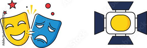 Theater masks and stage spotlight icons featuring comedy tragedy drama performance symbols entertainment arts acting show business and cinema lighting equipment