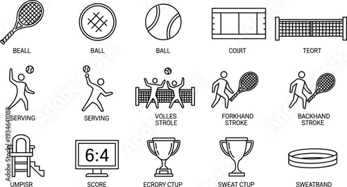 Tennis sports icon set featuring rackets balls court net serving players trophy score board and sweatband silhouettes for athletic designs