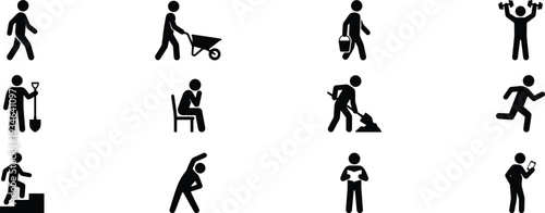 Silhouette People Working Outdoors in Various Physical Activities in Black on White Background for Fitness Illustration