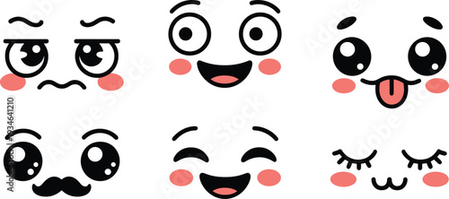 Cute kawaii emoji faces vector set, funny cartoon expressions with blush tongue mustache isolated on white background illustration