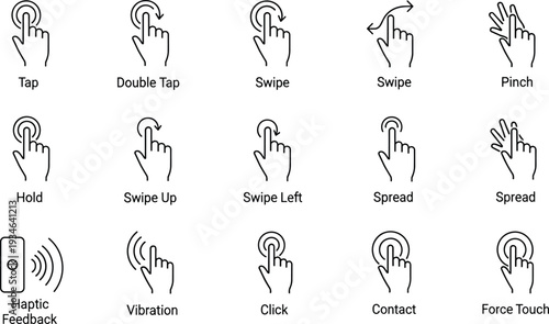Touchscreen gesture icon set featuring tap double tap swipe pinch spread hold haptic feedback vibration click and force touch interface symbols